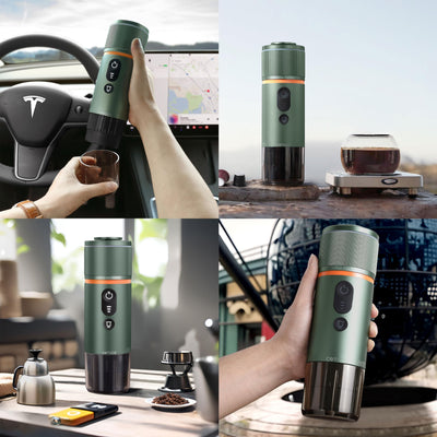 COTGCO Tragbare Kaffeemaschine mit Akku für Reise - Tragbare Espressomaschine für Camping - Erhitzt 40 ml Kaffee in 3 Minuten im Auto - Kaffee Genießen Outdoor - Kompatible Nespresso Kapseln - Grün