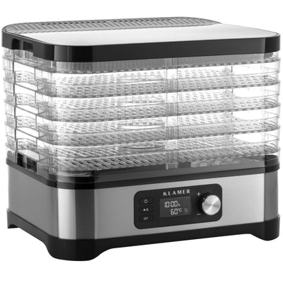 KLAMER Dörrautomat 400W, 24h-Timer und 35-70°C Temperaturregler, 5 höhenverstellbare Einlegefächer, Trockner mit Edelstahlverkleidung, BPA frei