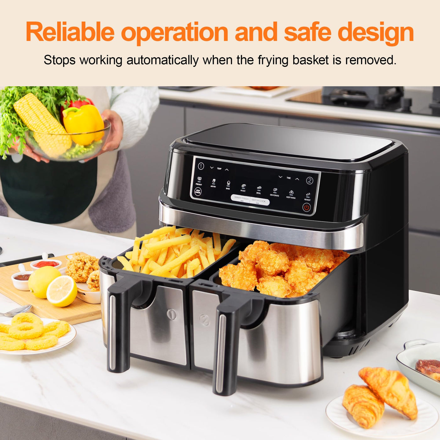 Emphsism Heißluftfritteuse Doppelkammer 9 Liter, XXL Heissluftfritteuse mit 2 unabhängige 4,5L Schublade, 8 automatische Programme, Air Fryer mit LED Touchscreen, Smart Finish & Match Cook Funktionen