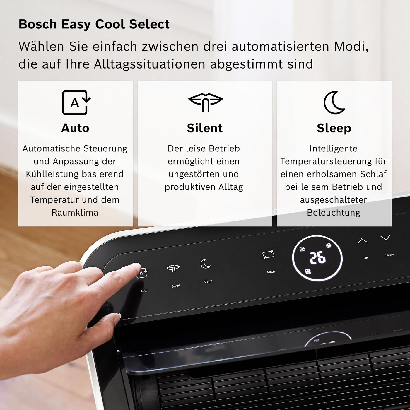 Bosch Cool 5000 mit Invertertechnologie Mobiles Klimagerät - 3-in-1: Klimagerät, Luftentfeuchter, Ventilator - 3,4 kW für Räume bis zu 46 m² - Mit Auto-Modus, Silent-Modus & Sleep-Modus