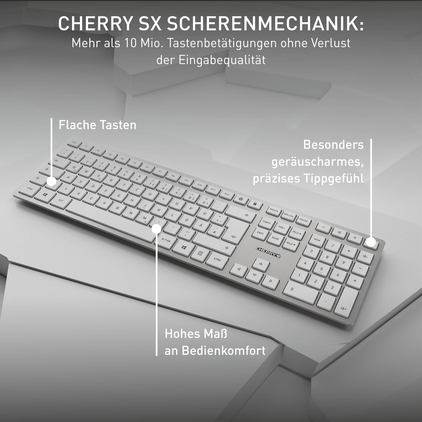 CHERRY DW 9100 SLIM, Kabelloses Tastatur- und Maus-Set, Belgisches Layout (AZERTY), Bluetooth & 2,4 GHz Funk, Leise Tasten, Wiederaufladbar, Weiß-Silber