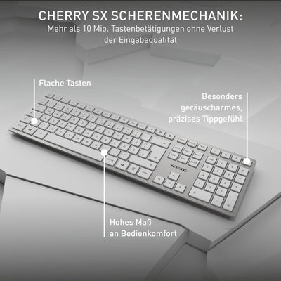 CHERRY DW 9100 SLIM, Kabelloses Tastatur- und Maus-Set, Pan-Nordisches Layout (QWERTY), Bluetooth & 2,4 GHz Funk, Leise Tasten, Wiederaufladbar, Weiß-Silber