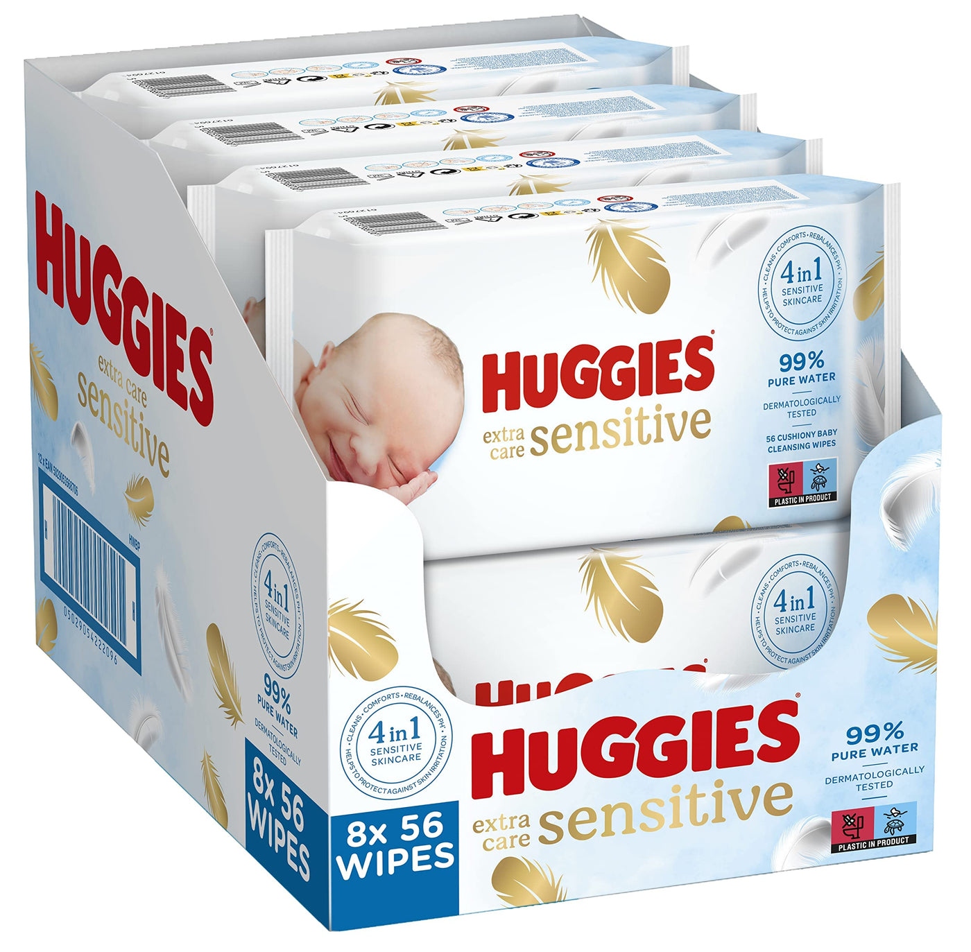 Huggies Pure Extra Care Sensitive Baby-Feuchttücher, Für den ganzen Körper, 99 % reines Wasser, Parfümfrei, 8 x 56 Tücher, Monatsbox