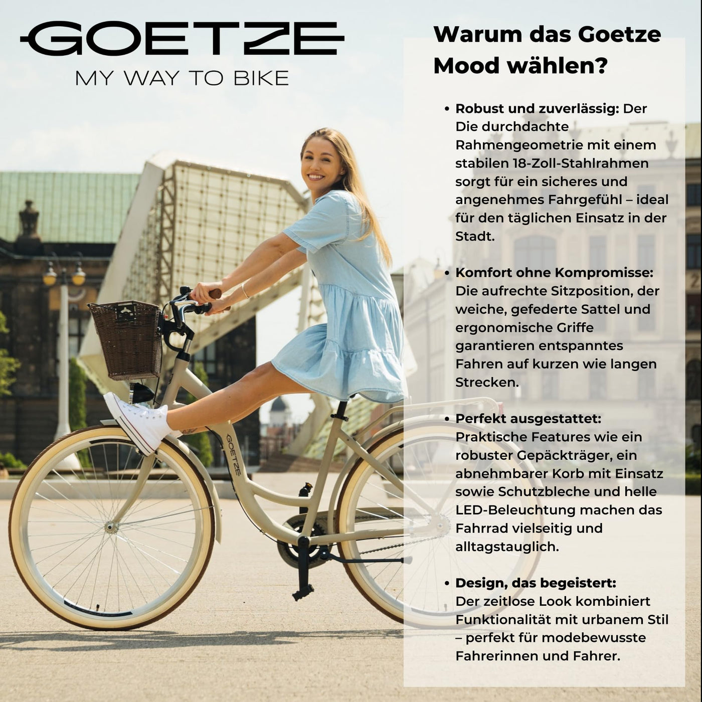 Goetze Mood 26 Zoll Damen Citybike, 17 Zoll Tiefeinsteiger Rahmen, 6-Gang Kettenschaltung, V-Bremse, LED-Beleuchtung, Gepäckträger, Komfortsattel, Schutzbleche, Rattankorb mit Stoffeinsatz!