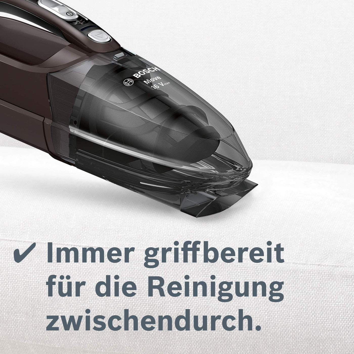 Bosch Hausgeräte Handstaubsauger Move Lithium 16V max BHN16L, Akku-Staubsauger, ideal für Polster und Auto, beutellos, kabellos, leicht, hohe Saugkraft, lange Laufzeit, Lithium-Ionen-Akku, grau