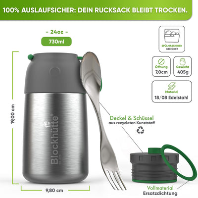 Blockhütte Edelstahl Thermobehälter für Essen I 730 ml I mit Löffel, Thermo Lunchbox für Kinder, Erwachsene, Suppen, Babybrei Warmhaltebox, To-Go Suppenbehälter, Thermobox Mittagessen