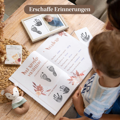 EULENTALER ® Das Baby Abdruckset I 0-6 Monate I Von Pädagogen empfohlen I Für Handabdruck, Fußabdruck & Pfotenabdruck I inkl. 2 Stempelkissen & 4 Abdruckkarten I Geschenk zur Geburt