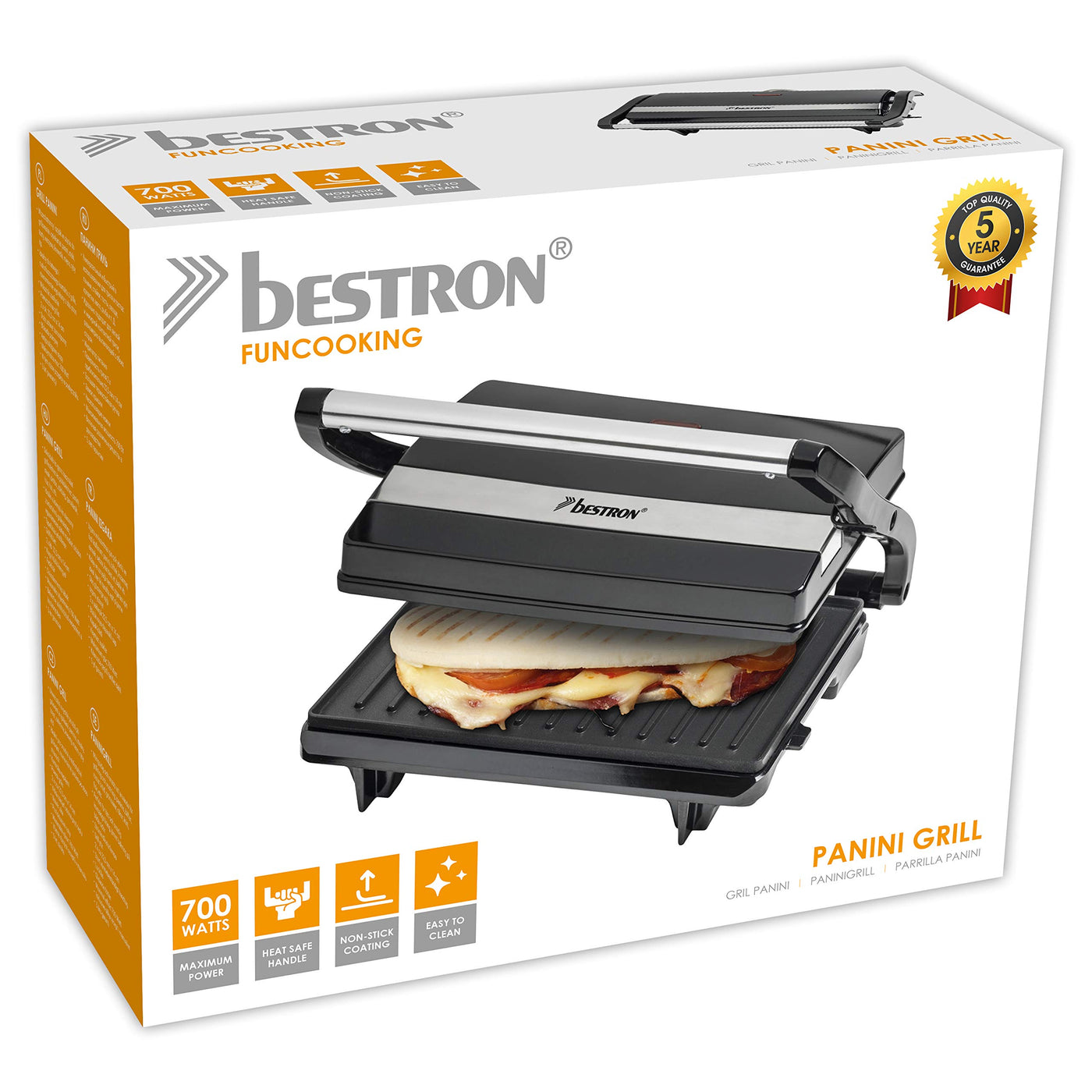 Bestron elektrischer Kontaktgrill mit Auffangschale, Sandwichmaker mit Cool-Touch-Handgriff, Paninimaker mit Antihaftbeschichtung, 700 Watt, APM123Z, Farbe: Schwarz, 22,5 x 14 cm