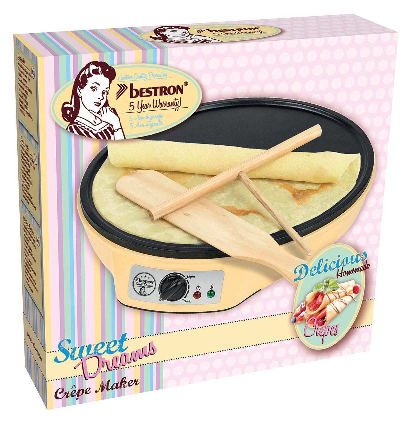 Bestron Crêpes Maker im Retro Design, für Crepes mit Ø 30 cm, inkl. Teigverteiler & Crêpes-Wender, mit Antihaftbeschichtung, 1000 Watt, Farbe: Gelb