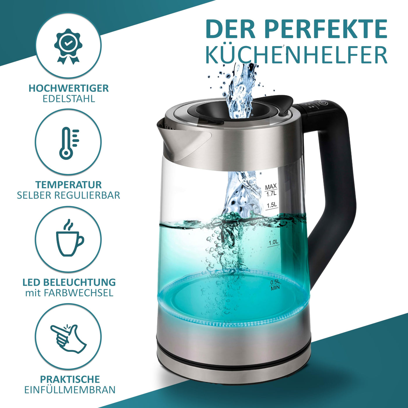 Glas Wasserkocher 1,7 Liter | 2200 Watt | Edelstahl mit Temperaturwahl | Teekocher | 100% BPA FREI | Warmhaltefunktion | LED Beleuchtung im Farbwechsel | Temperatureinstellung (50°C-100°C)