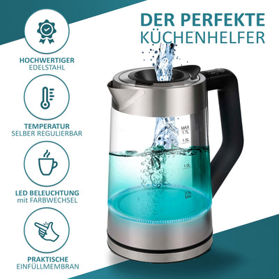 Glas Wasserkocher 1,7 Liter | 2200 Watt | Edelstahl mit Temperaturwahl | Teekocher | 100% BPA FREI | Warmhaltefunktion | LED Beleuchtung im Farbwechsel | Temperatureinstellung (50°C-100°C)