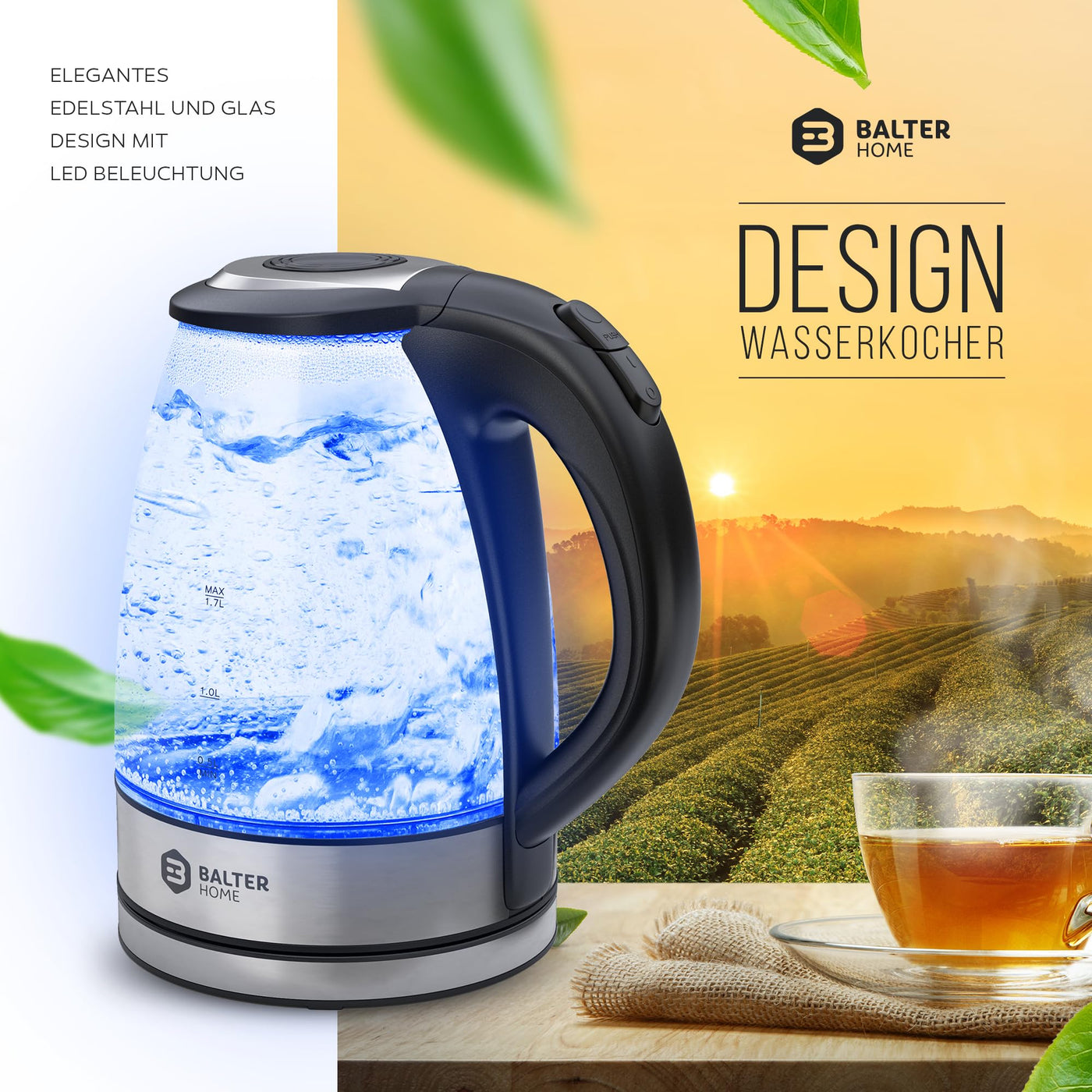 Balter Glaswasserkocher WK-9-1,7L Wasserkocher Glas - 2200W – 360° Basis - LED – Wasserkocher Klein - BPA Frei - Wasserkocher Edelstahl