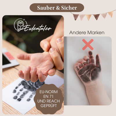 EULENTALER ® Das Baby Abdruckset I 0-6 Monate I Von Pädagogen empfohlen I Für Handabdruck, Fußabdruck & Pfotenabdruck I inkl. 2 Stempelkissen & 4 Abdruckkarten I Geschenk zur Geburt