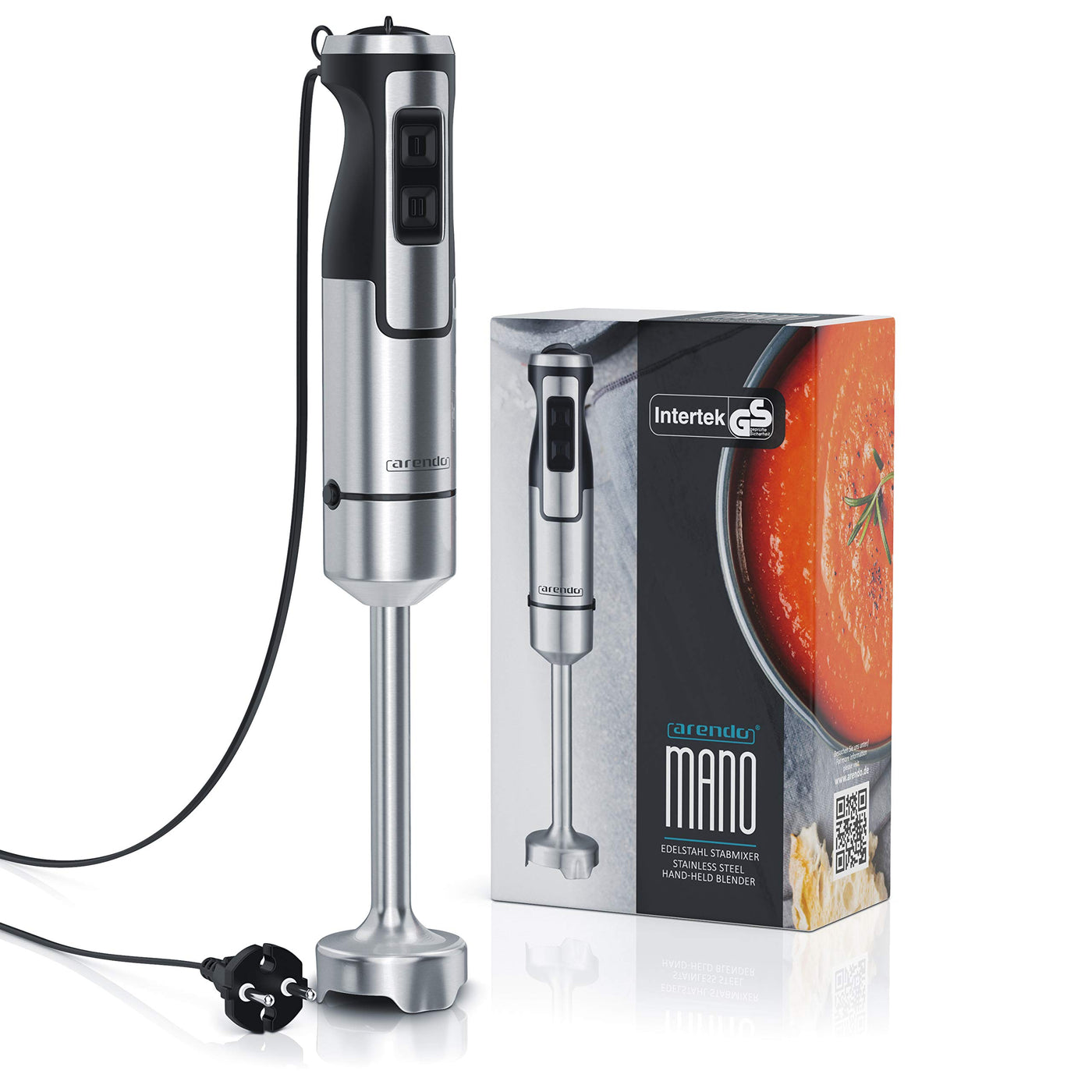 Arendo - Stabmixer 1000 Watt Edelstahl Set - vierflügeliges Messer - Pürierstab - stufenlose Geschwindigkeitsregelung - Turbotaste - Abnehmbarer Mixfuß