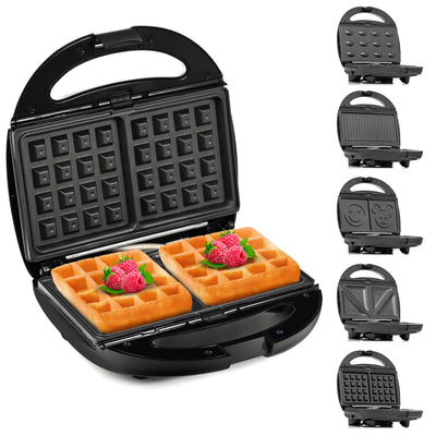 Lehmann Sandwichmaker 5 in 1 mit verschiedene Formen | Waffeleisen, Kontaktgrill, Panini, Sandwich, süße Küchlein | Inklusive 5 antihaftbeschichter Plattensets | 800 W