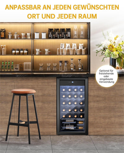 WIE Weinkühlschrank Compressor 82 Liter 28 Flaschen Getränkekühlschrank Kleiner Weinschrank Klein mit Glastür,Vollglas-Designtür mit LED Touchpanel,Anti-UV, Wine Fridge 5-18°C