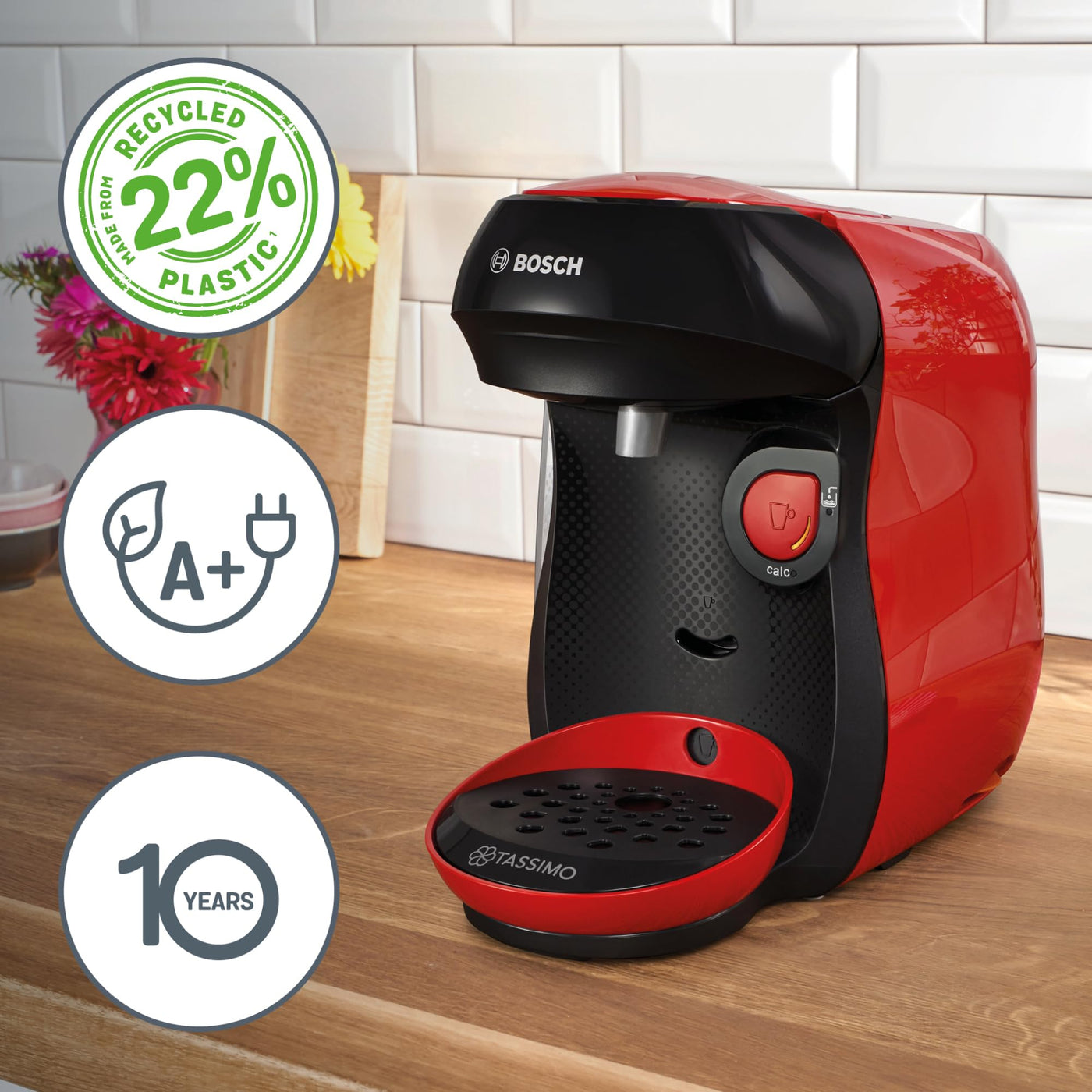 Bosch Tassimo happy friendly Kapselmaschine TAS103E, über 70 Getränke, geeignet für alle Tassen, Abschaltautomatik, nachhaltig, perfekt dosiert, platzsparend, 1400 W, rot/schwarz