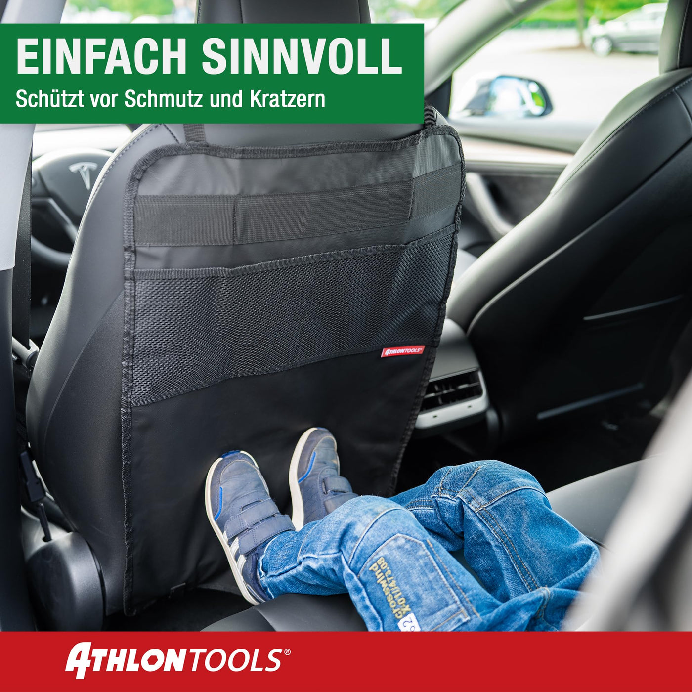 ATHLON TOOLS Rückenlehnen-Schutzmatte beschichtet, Rückenlehnenschutz Auto Kick-Matte, verstärkt - mit Netztaschen - schmutzabweisend, pflegeleicht und wasserabweisend