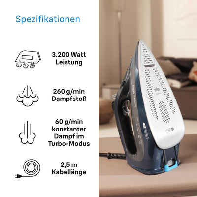 Braun TexStyle 9 SI9682 DB Dampfbügeleisen mit FreeGlide 3D Technologie, Vertikaldampf, Anti-Tropf-Funktion, Selbstreinigungsfunktion, 330 ml Einfüllöffnung, 260 g/min, 3200W, Dunkelblau