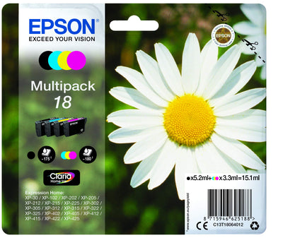 Epson Orginal 18 Tinte Gänseblümchen, XP-305 XP-402 XP-215 XP-312 XP-315 XP-412 XP-415 XP-225 XP-322 XP-325 XP-422 XP-425,Normalverpackung,Standard, (Multipack, 4-farbig)