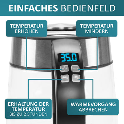 Glas Wasserkocher 1,7 Liter | 2200 Watt | Edelstahl mit Temperaturwahl | Teekocher | 100% BPA FREI | Warmhaltefunktion | LED Beleuchtung im Farbwechsel | Temperatureinstellung (40°C-100°C)