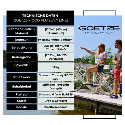 Goetze Mood 26 Zoll Damen Citybike, 17 Zoll Tiefeinsteiger Rahmen, 6-Gang Kettenschaltung, V-Bremse, LED-Beleuchtung, Gepäckträger, Komfortsattel, Schutzbleche, Rattankorb mit Stoffeinsatz!