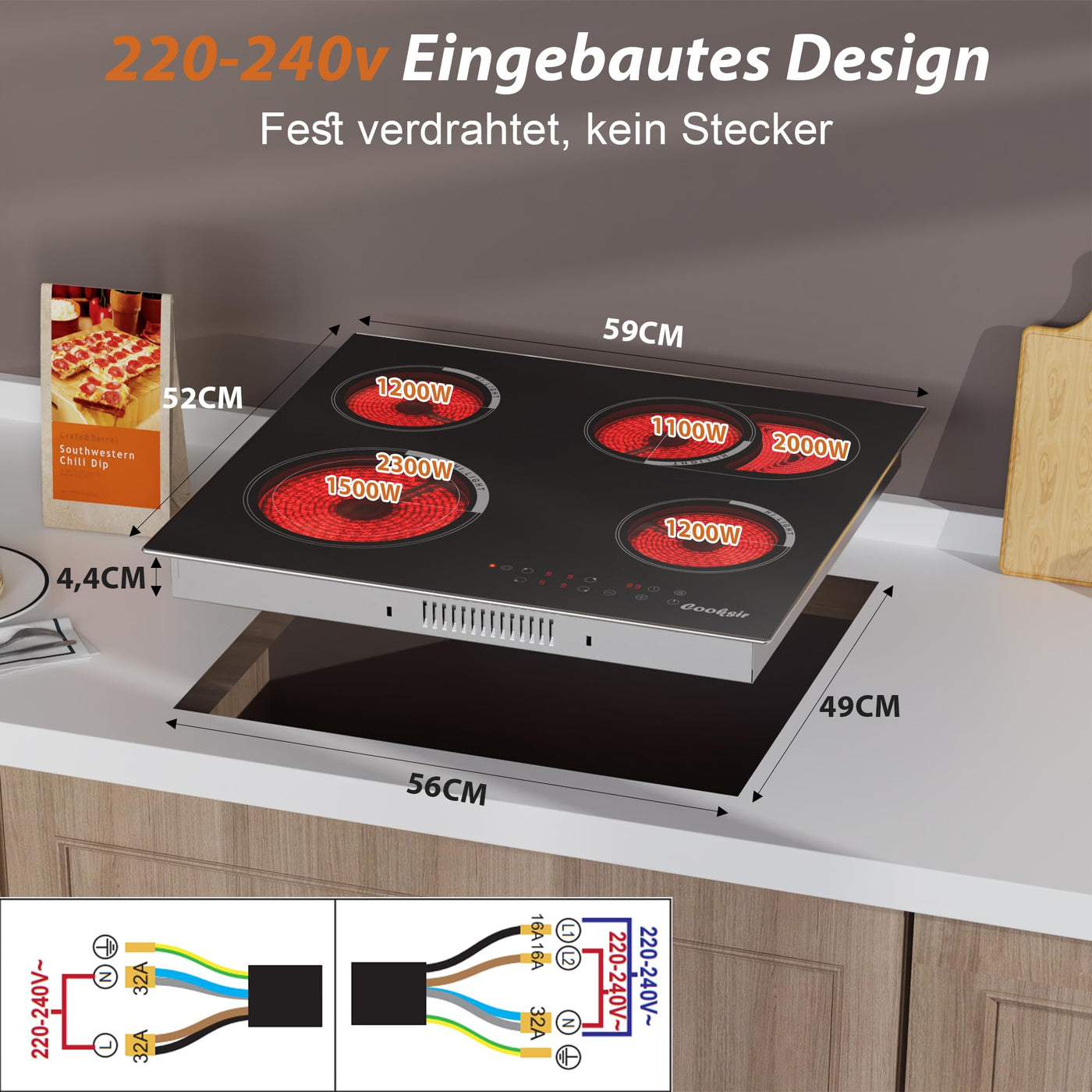 Cooksir Glaskeramikkochfeld mit Rahmen, Einbau 4 Kochfelder, Duale und Ovale Zonen fur Gril, Kochfeld Autark 59cm, 6700W, Sicherheitsschloss, Kein Stecker