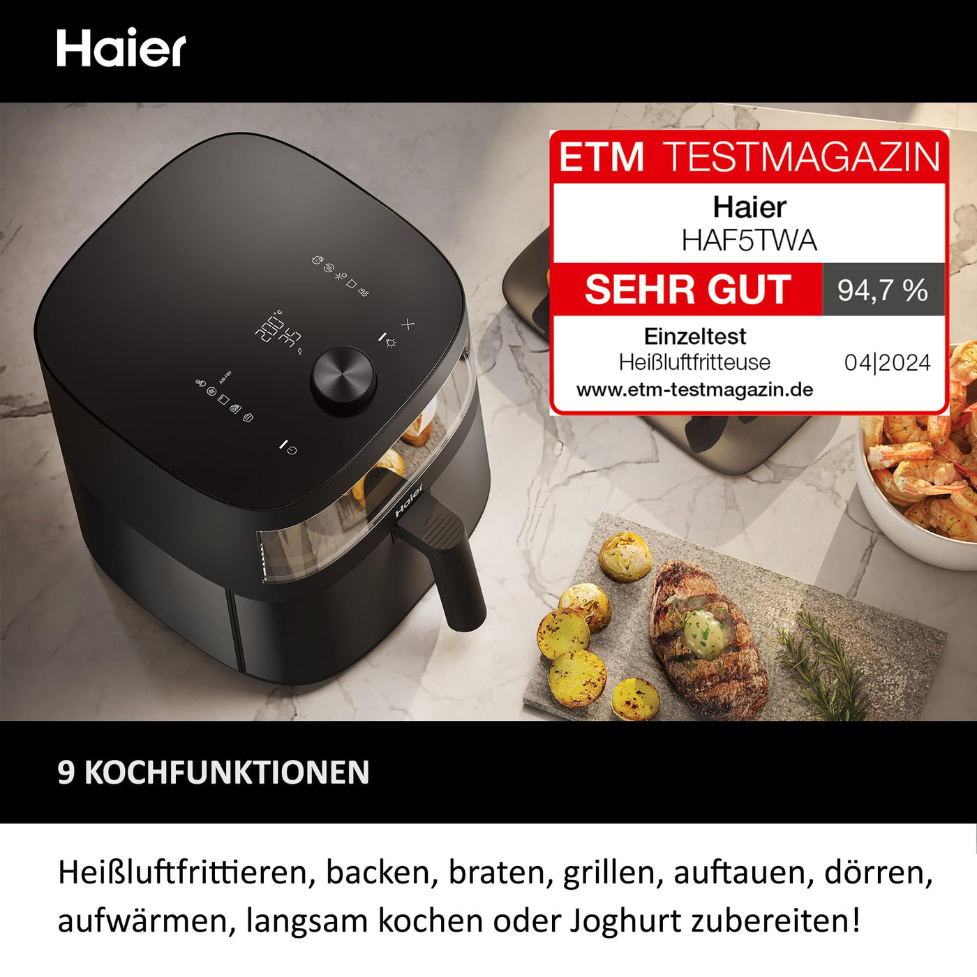 Haier Heißluftfritteuse mit Glasfenster I Airfryer mit 9 Programmen & 7 Liter Fassungsvermögen I 1700W Fryer mit LED Display I Fritteuse Heißluft ohne Fett I spülmaschinenfest [Serie 5 - HAF5TWA]