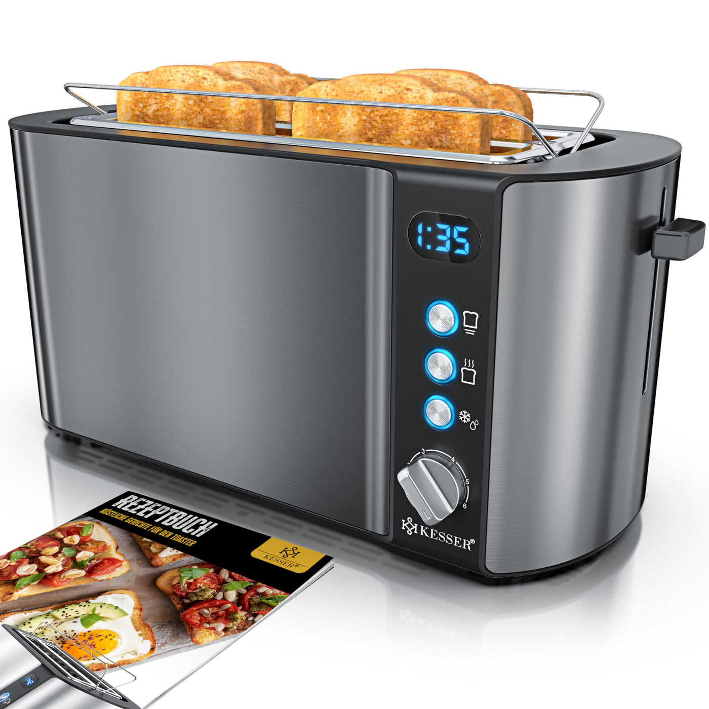 KESSER® Toaster mit Brötchenaufsatz, Automatik-Langschlitztoaster mit 6 Bräunungsstufen + Auftau- & Aufwärmefunktion, Abschaltautomatik, Liftfunktion, inkl. Krümelblech und Rezeptbuch Anthrazit