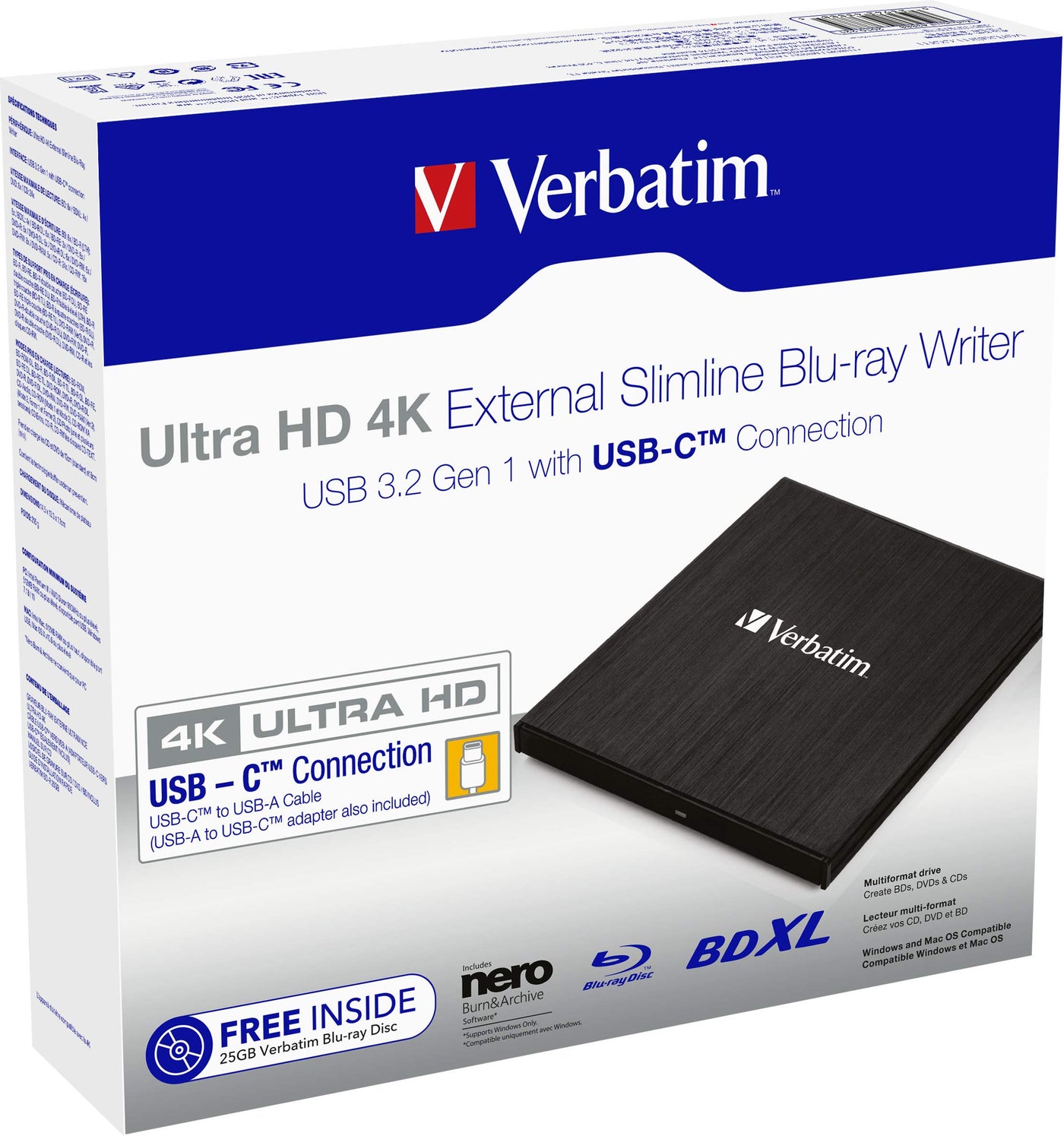 Verbatim Externer Slimline Bluray Writer mit USB 3.2-Kabel, externer DVD und Bluray Brenner, ideal für Notebooks und Computer ohne Laufwerk, Bluray Player & DVD Drive für Wiedergabe in Ultra HD 4K