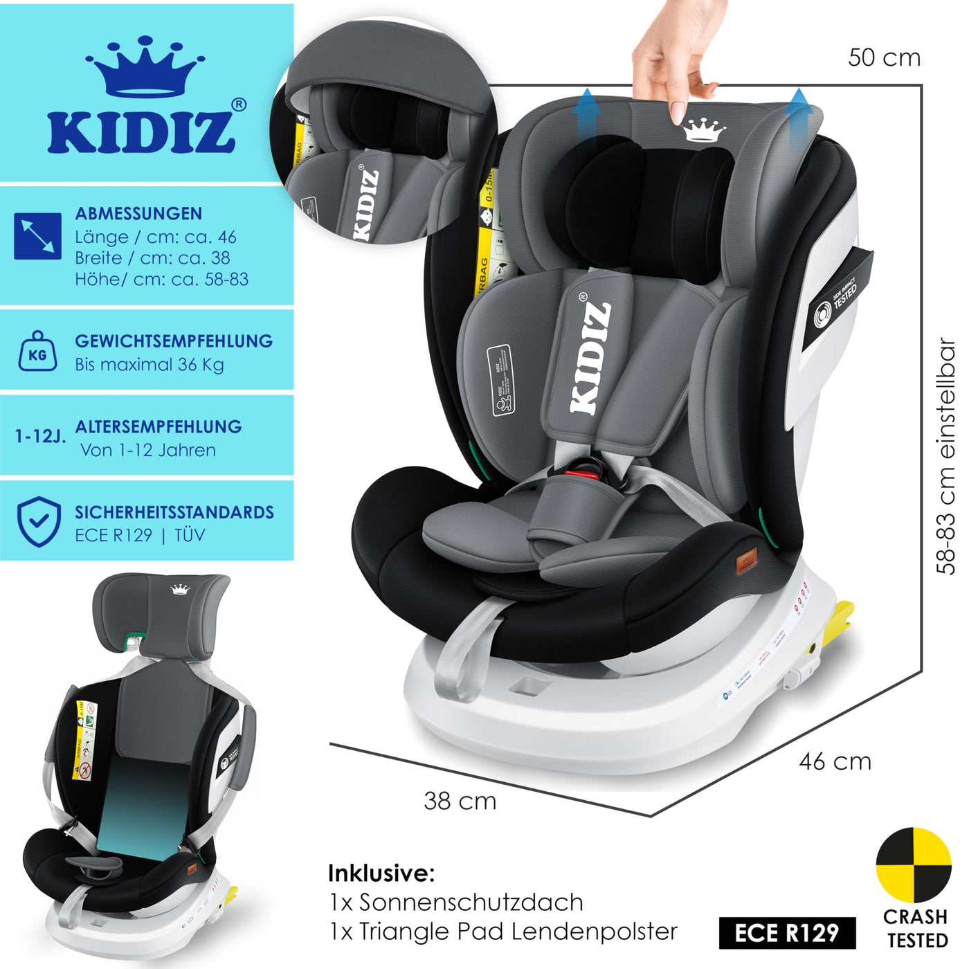 KIDIZ® Kindersitz Baby Autositz Kinderautositz Isofix Top Tether 360° drehbar Gruppe 0/1/2/3 ab Geburt 0-36kg Mit Sonnenschutzdach Seitenschutz 5 Punkt Gurt Kopfstützenverstellung ECE R129 Schwarz