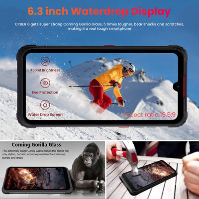 HOTWAV Cyber 8 Outdoor Handy ohne Vertrag 4G Robustes Smartphones Dual SIM,Android 11 8280mAh 6,3 Zoll IP68 IP69K Wasserdichter 16MP Triple Kamera 4GB+64GB (SD up to 256 GB),NEC/OTG/GPS/Face ID Rot