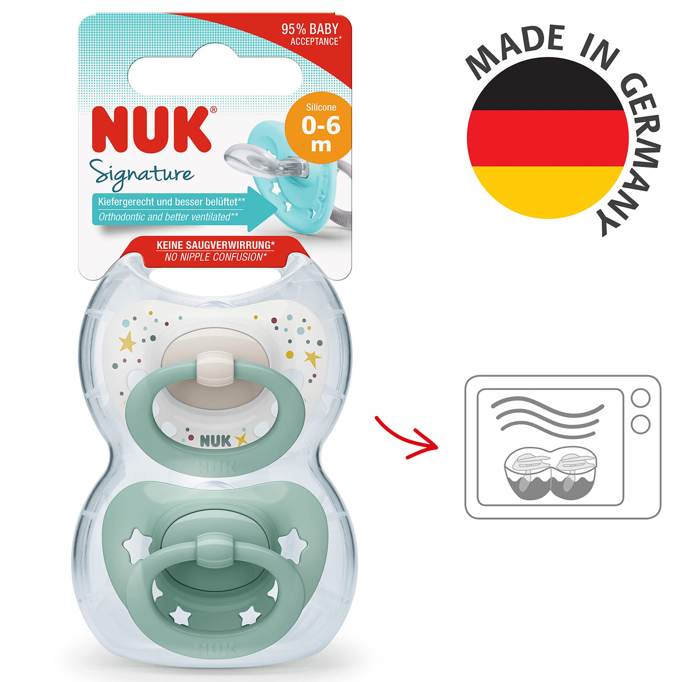 NUK Signature Babyschnuller | 0−6 Monate | Beruhigt 95 % der Babys | BPA-freie Silikonschnuller in Herzform | Mit Etui | Grüne Sterne | 2 Stück