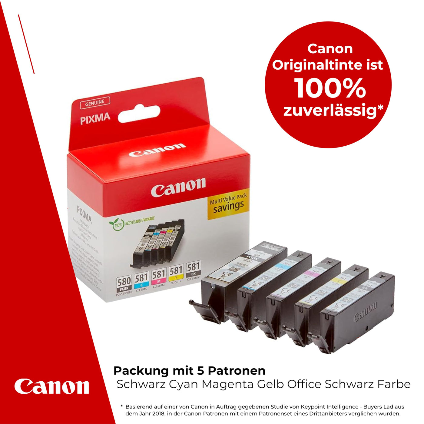 Canon Tinten-Multipack - PGI-580/CLI-581 Original Drucker-Tintenpatronen 5er-Pack (1 x Schwarz, 1 x Cyan, 1 x Magenta, 1 x Gelb & 1 x Schwarz) - Kompatibel PIXMA Druckern