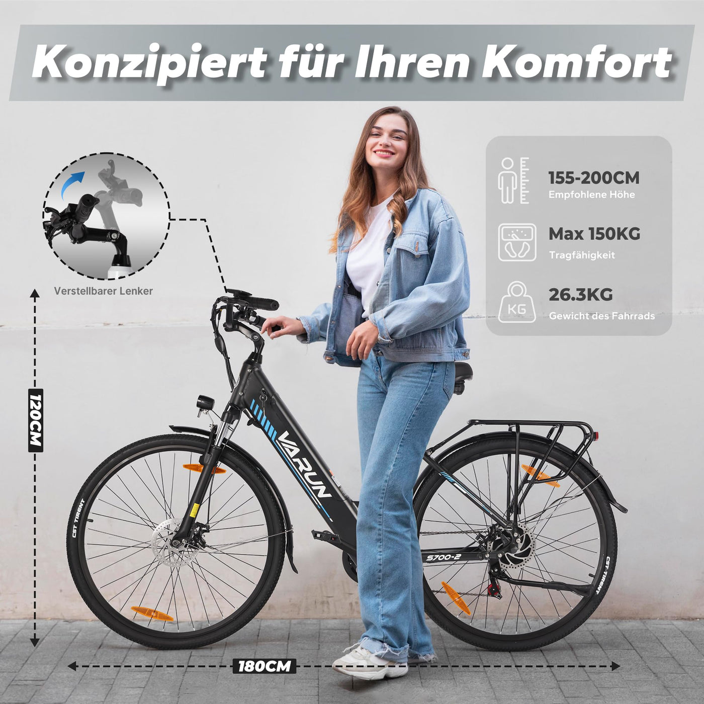 VARUN E Bike, 28 Zoll E-Bike Herren Damen mit 250W 55NM Motor, 48V 499.2Wh Akku, Elektrofahrräder E-Fahrrad mit 7-Gang-Getriebe, LCD-Display, Pedelec Citybike EBike Bis zu 100KM