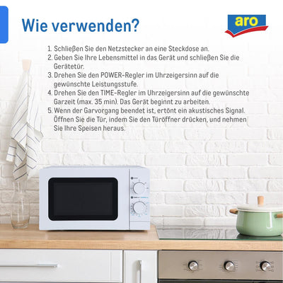 aro Mikrowelle MW10720, Stahl-SPCC, 43.9 x 33.4 x 25.8 cm, 20 L, 700 W, 5 Programme, Timerfunktion, Drehteller-Ø: 25.5 cm, weiß