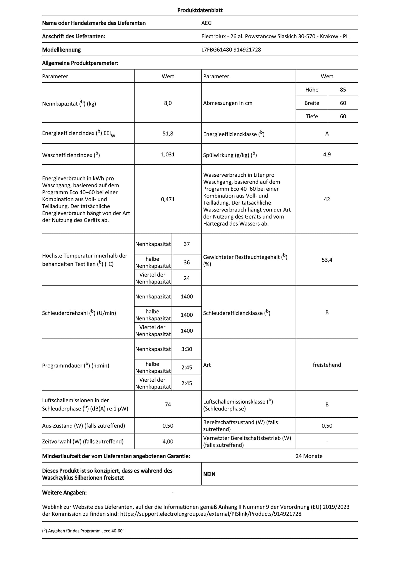 AEG L7FBG61480 Waschmaschine / ProSteam - Auffrischfunktion / 8,0 kg / Leise / Mengenautomatik / Nachlegefunktion / Kindersicherung / Wasserstopp / 1400 U/min