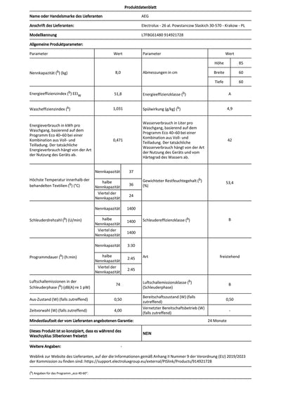 AEG L7FBG61480 Waschmaschine / ProSteam - Auffrischfunktion / 8,0 kg / Leise / Mengenautomatik / Nachlegefunktion / Kindersicherung / Wasserstopp / 1400 U/min