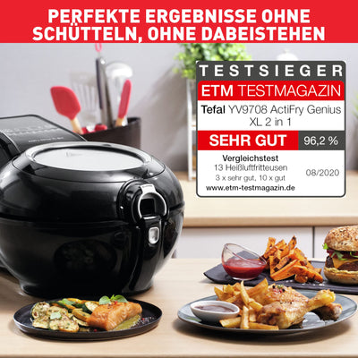 Tefal YV9708 ActiFry Genius XL 2in1 Heißluftfritteuse mit Rührarm | Testsieger | 1,7 kg für 8 Personen | 9 automatische Menüs | 2 Speisen gleichzeitig | gesunde Friteuse ohne Öl, Schwarz