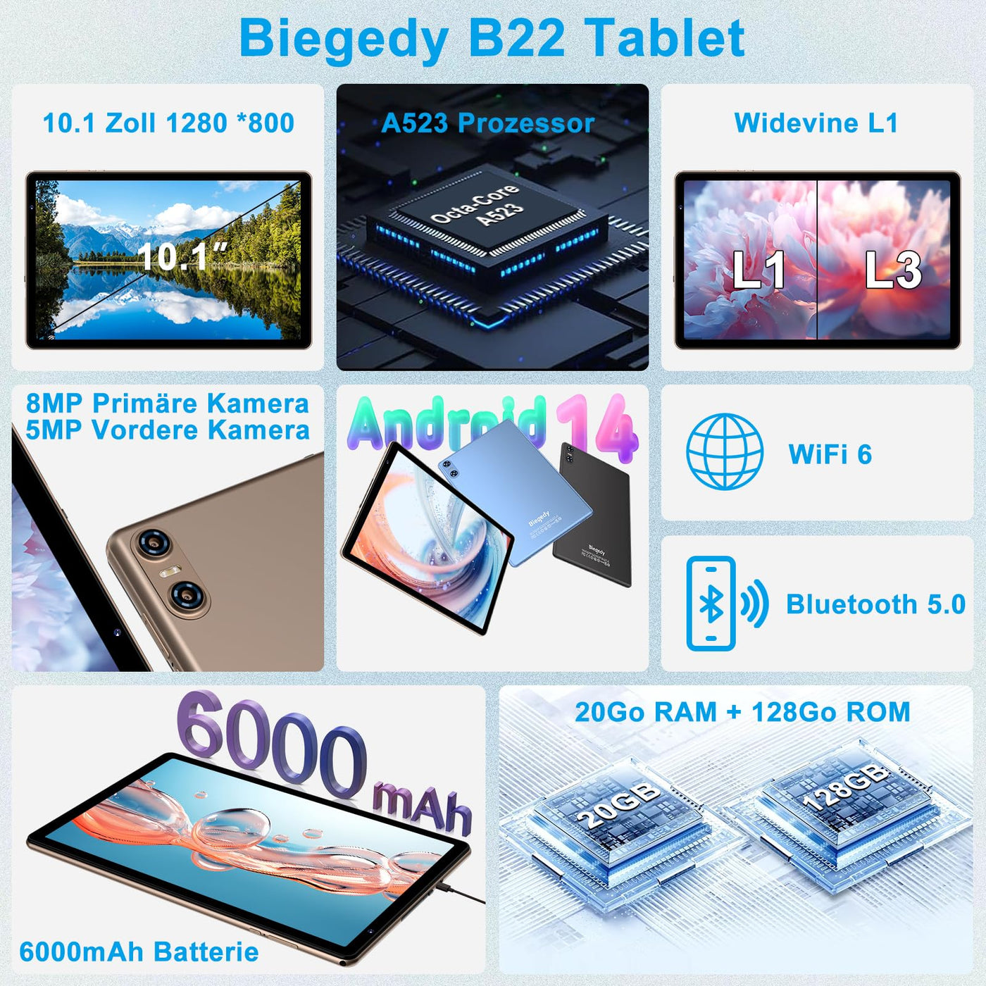 Biegedy Tablet 10 Zoll Android 14 Octa-Core, 2024 Newest Tablet PC 20 GB RAM+128 GB ROM (TF1 TB),5G WLAN 6丨Widevine L1丨GMS丨6000mAh丨5+8MP丨Bluetooth5.0丨1280 * 800丨Tablet mit Tastatur Maus Gold