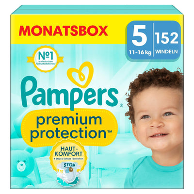 Pampers Baby Windeln Größe 5, Premium Protection, Windeln x152, 11kg-16kg, Doppelter Schutz für Hautkomfort & gegen Auslaufen