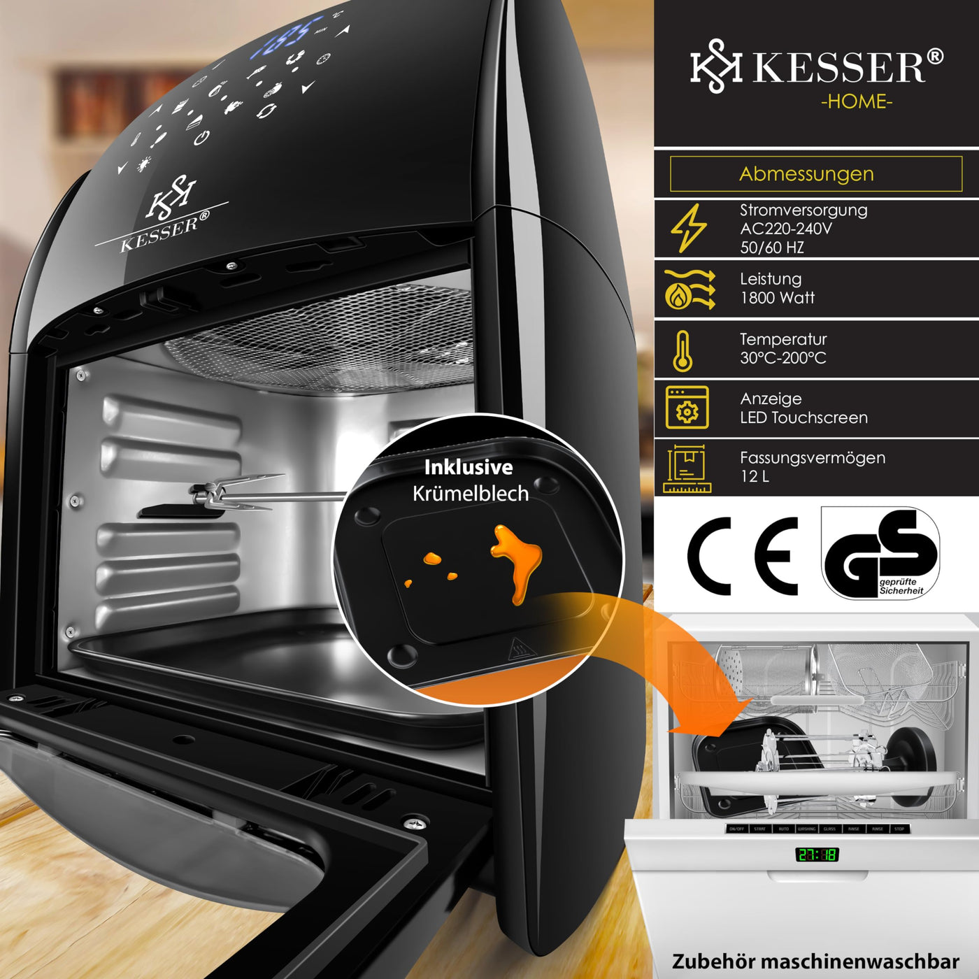 KESSER® XXL Airfryer 9in1 Heißluftfritteuse Fritteuse, | Drehgrill | Dörrautomat | Rezeptheft | Grillspieß | 1800 Watt | fettfrei grillen ohne Öl | 8 Programme | inkl. Zubehör Schwarz