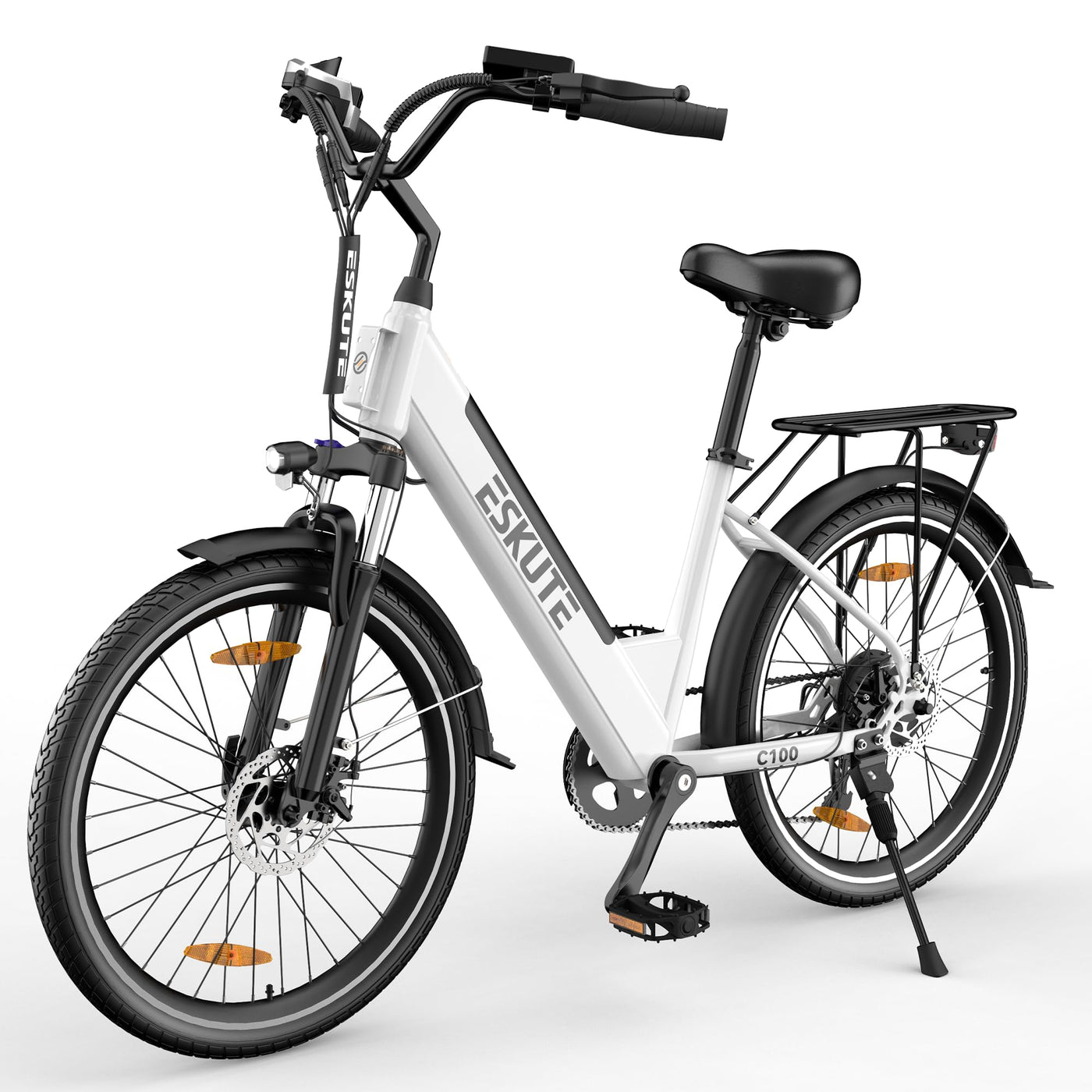 ESKUTE C100 E-Bike, 26 Zoll Elektrofahrrad, E-Cityrad 250W HeckMotor, 375Wh Wechselakku,bis zu 60km, LCD-Display, Tiefeinsteiger E-CityBike Für Damen und Herren Erwachsene Weiß