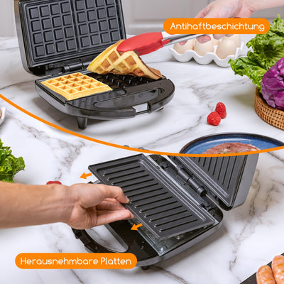 Sandwichmaker 3 in 1, Sandwichtoaster, Kontaktgrill, Waffeleisen 3 in 1, 3 Abnehmbare, Spülmaschinengeeignete und Antihaftbeschichtete Grillplatten, Dreieckig Sandwich Maker 30JVU, 750 W