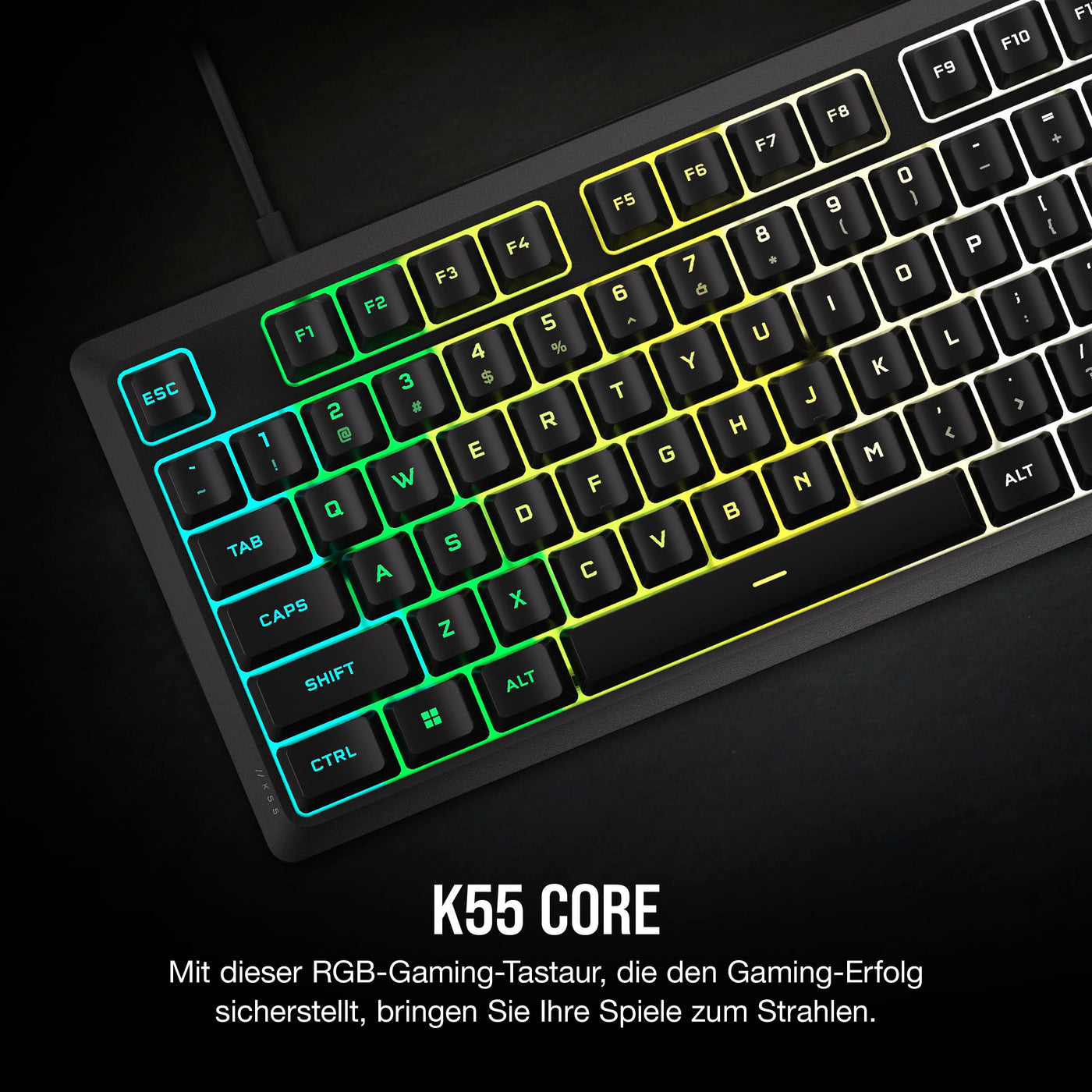 Corsair K55 CORE RGB Membran Kabelgebundene Gaming-Tastatur – Leise, Reaktionsschnelle Schalter – Spritzwasserschutz – Zehn-Zonen-RGB – Medientasten – iCUE-Kompatibel – QWERTZ DE – PC, Mac – Schwarz