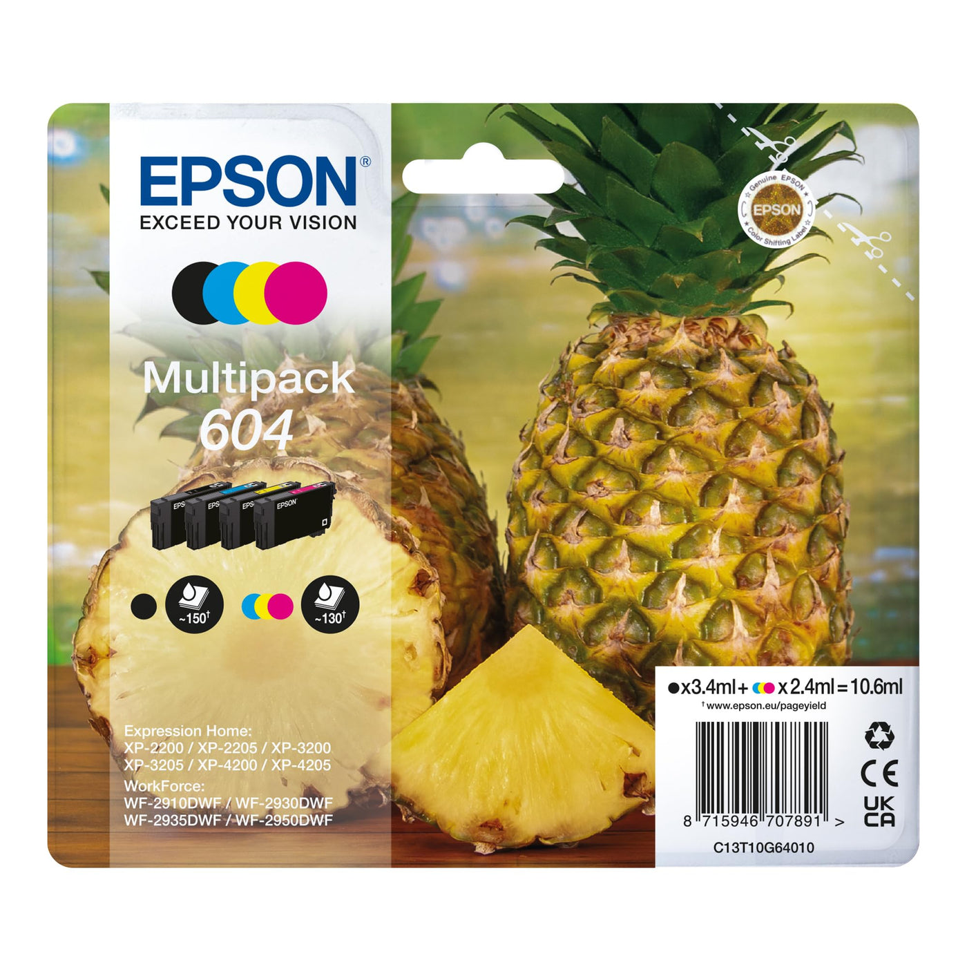 Epson Orginal 604 Tinte Ananas Multipack 4-farbig Standard, XP-2200 XP-2205 XP-3200 XP-4205 WF2910DWF WF2930DWF WF2950DWF, ReadyPrint Flex-Tintentarife