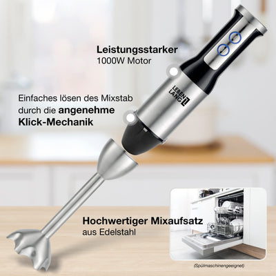 LEBENLANG 1000W Stabmixer Edelstahl - Mit Spritzschutz und 8 Stufen plus Turbo | Hochwertiger Pürierstab Edelstahl und Mixstab | Küche Zauberstab | Hand blender Rührstab Stick - Mixer 1000 watt