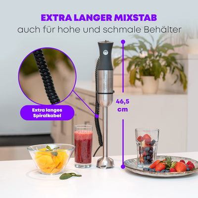 ProfiCook® Stabmixer | Edelstahl | 1000 Watt | Extra langer 27 cm Stab | Geschwindigkeitsregulierung | ergonomischer Soft-Touch-Griff | 4-fach Edelstahlmesser | Abnehmbarer Mixstab | PC-SM 1094