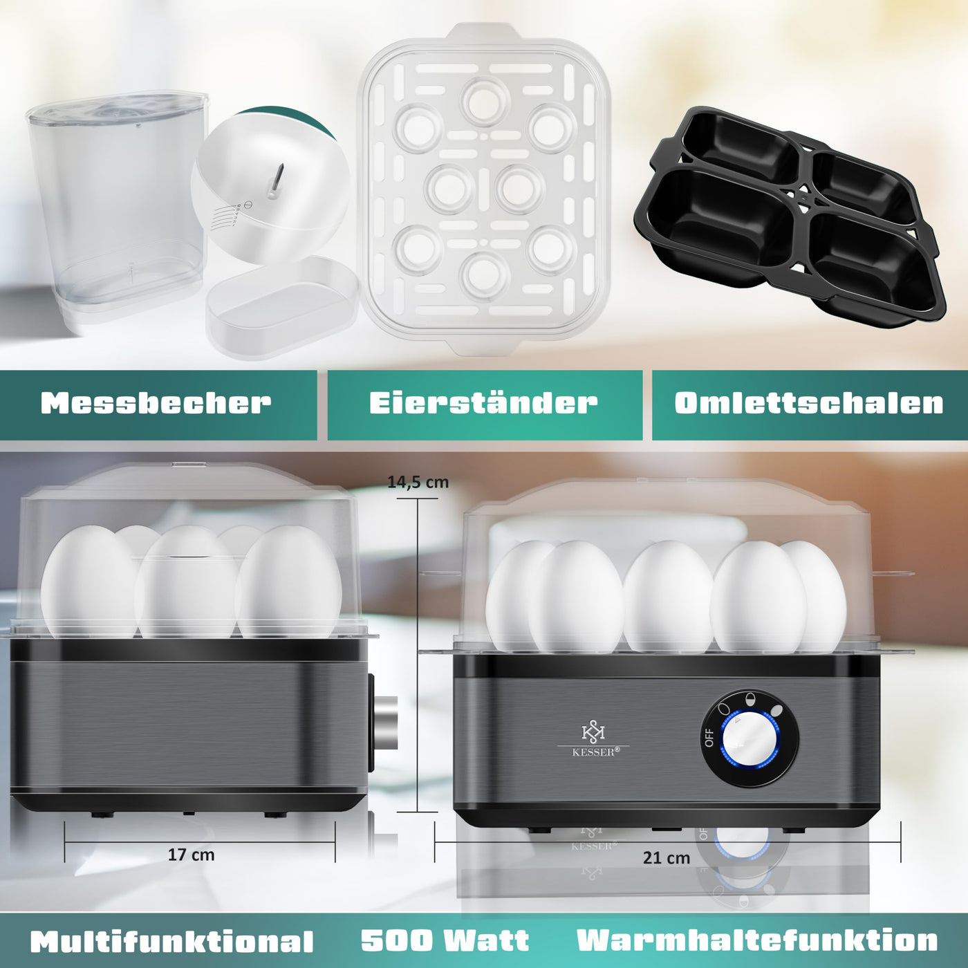 KESSER® Eierkocher für 1 bis 8 Eier elektrisch aus Edelstahl 500W & Warmhaltefunktion | LED-Drehschalter drei Härtegrade | BPA-Frei & Spülmaschinenfest | Messbecher, Eierhalter & Omlettschale Anthra