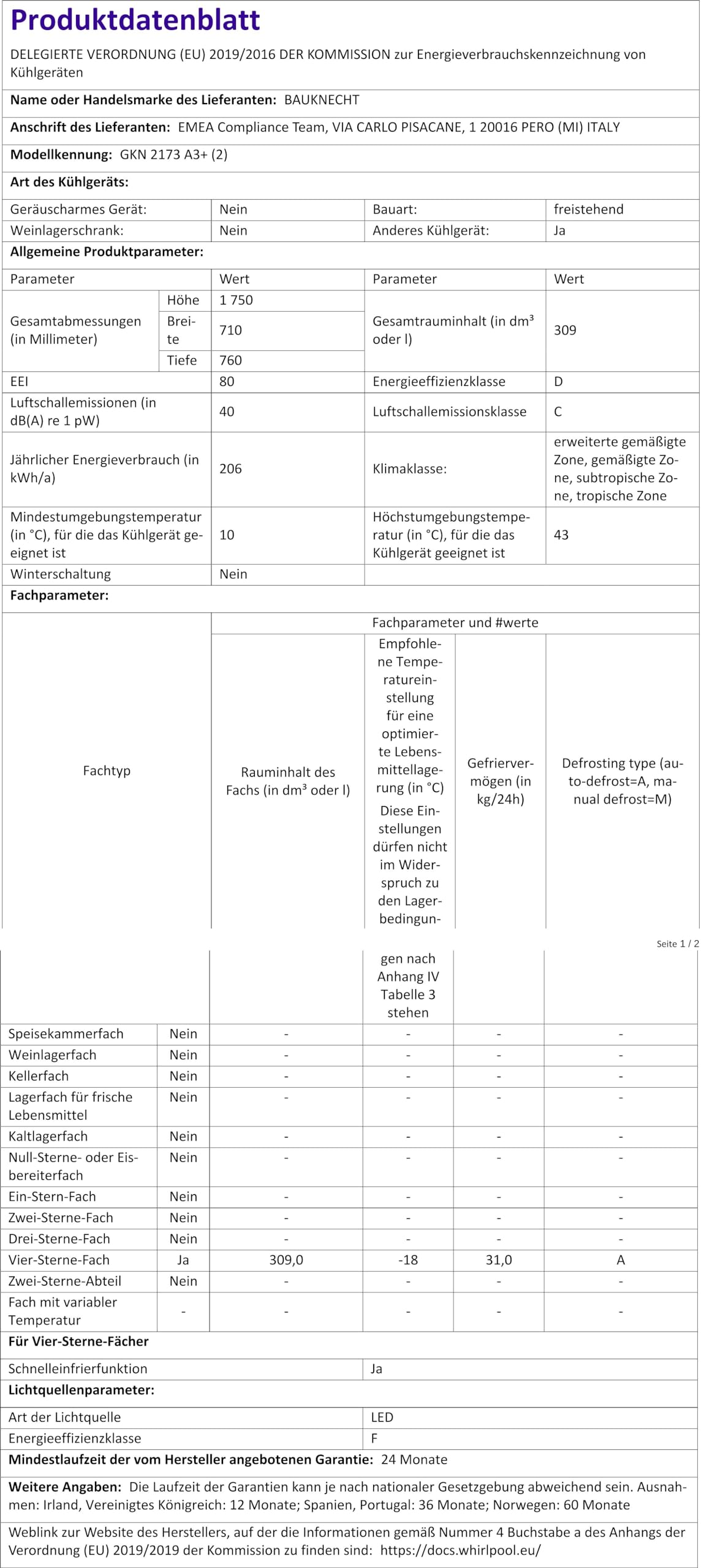 Bauknecht GKN 2173 A3+ Gefrierschrank Gefrieren: 310 L / No Frost / Supergefrierfunktion / EasyOpen Ventil / LED-Innenbeleuchtung / Elektronische Steuerung mit innenliegendem Bedienfeld,Weiß